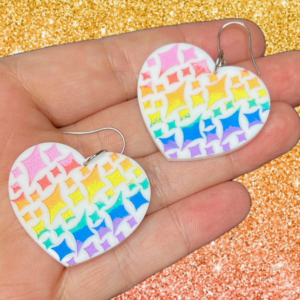 Sparkle Heart Earrings in White/Pastel Rainbow