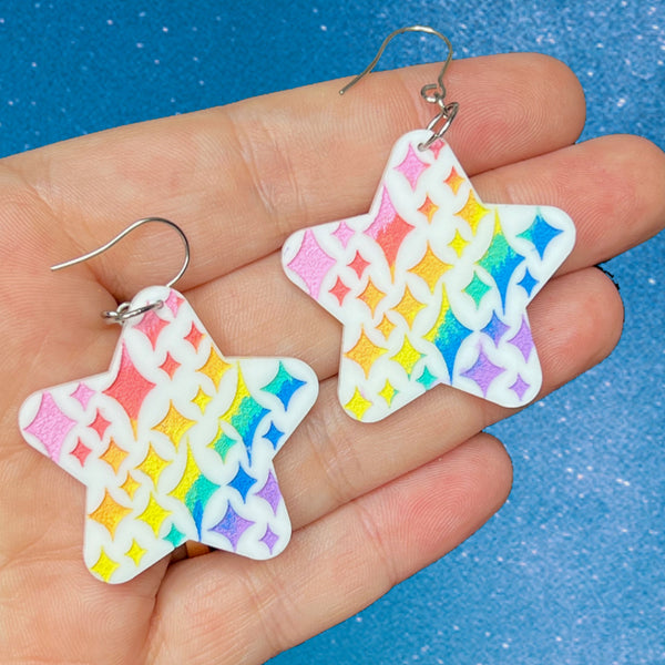 Sparkle Star Earrings in White/Pastel Rainbow